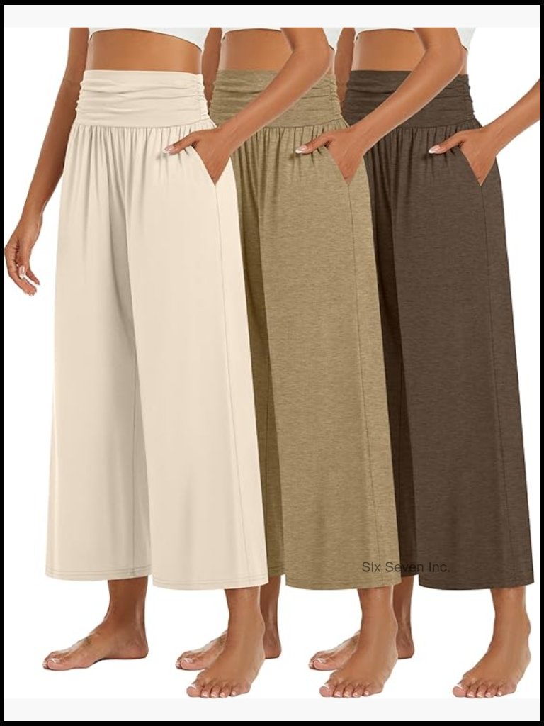3 Pack Wide Leg Yoga Pants High Waist Loose Casual Capri With Pockets